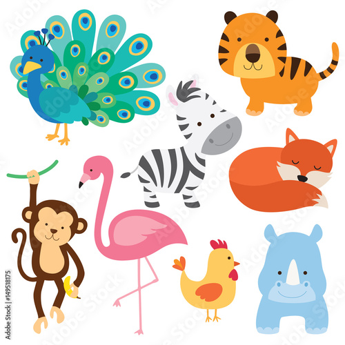 Vector Illustration Of Cute Baby Animal Including Peacock Flamingo