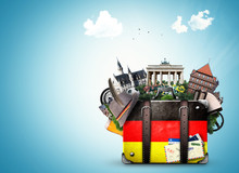 Germany, German Landmarks, Travel And Retro Suitcase