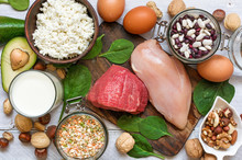 High Protein Food - Chicken, Meat, Spinach, Nuts, Eggs, Beans And Cheese.