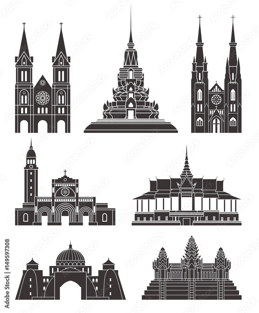 Southeast Asia. Architecture. Isolated Asian buildings on white ...