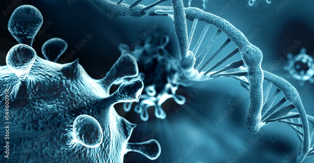 DNA structure and HIV-infected, blue background - obrazy, fototapety, plakaty 