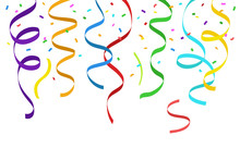 Hanging Colorful Streamers And Falling Confetti On White Background - Vector Illustration