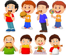 Collection Of Cartoon Little Boy Eating Fast Food