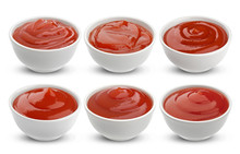 Tomato Ketchup In Bowl Isolated On White Background. Collection