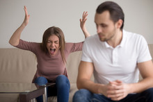Young Woman Yelling At Boyfriend In Hysterics, Drama Queen Screaming Loud Shouting At Husband Trying To Get Attention, Having A Tantrum, Lack Of Emotional Intelligence, Manipulation In Relationships