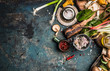 © VICUSCHKA - Fresh seasoning and vegetarian organic cooking ingredients for tasty cooking on dark rustic background, top view, place for text. Clean healthy organic vegan or vegetarian food concept
