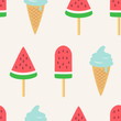 Seamless pattern with watermelon popsicle and ice cream. Vector illustration.