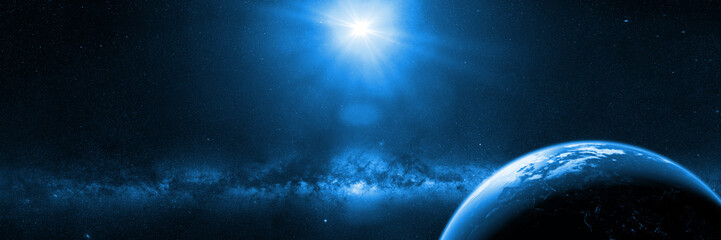 Wall Mural - planet earth in front of the bright milky way galaxy and the sun