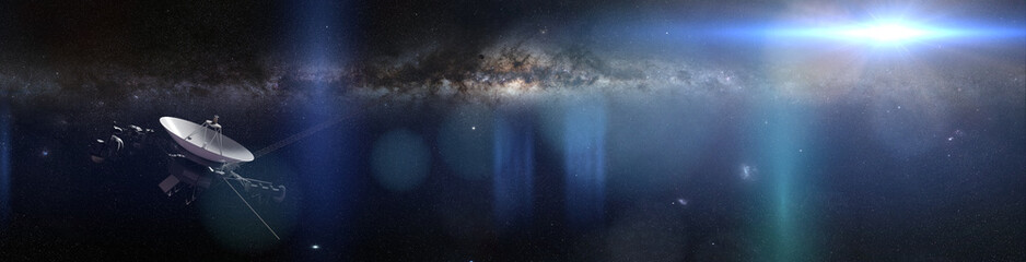 Wall Mural - voyager spacecraft in front of the milky way galaxy and a bright blue star in deep space