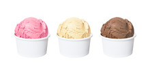 Neapolitan Ice Cream Scoops In White Cups Of Chocolate, Strawberry, And Vanilla Flavours Isolated On White Background (clipping Path Included)