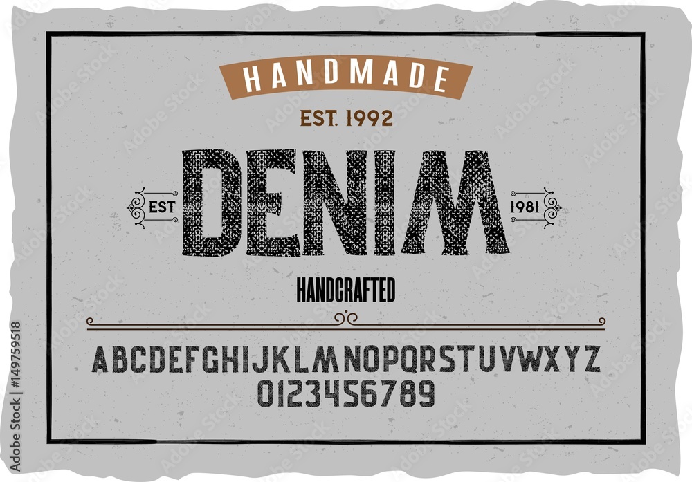 Typewritten Label Font. Alphabet. Script. Typeface. Label.Denim typeface. For labels and ...