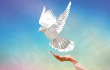 Polygonal Dove With Human Hand Flying In Blue Sky. Symbol Of Peace. Vector Illustration.