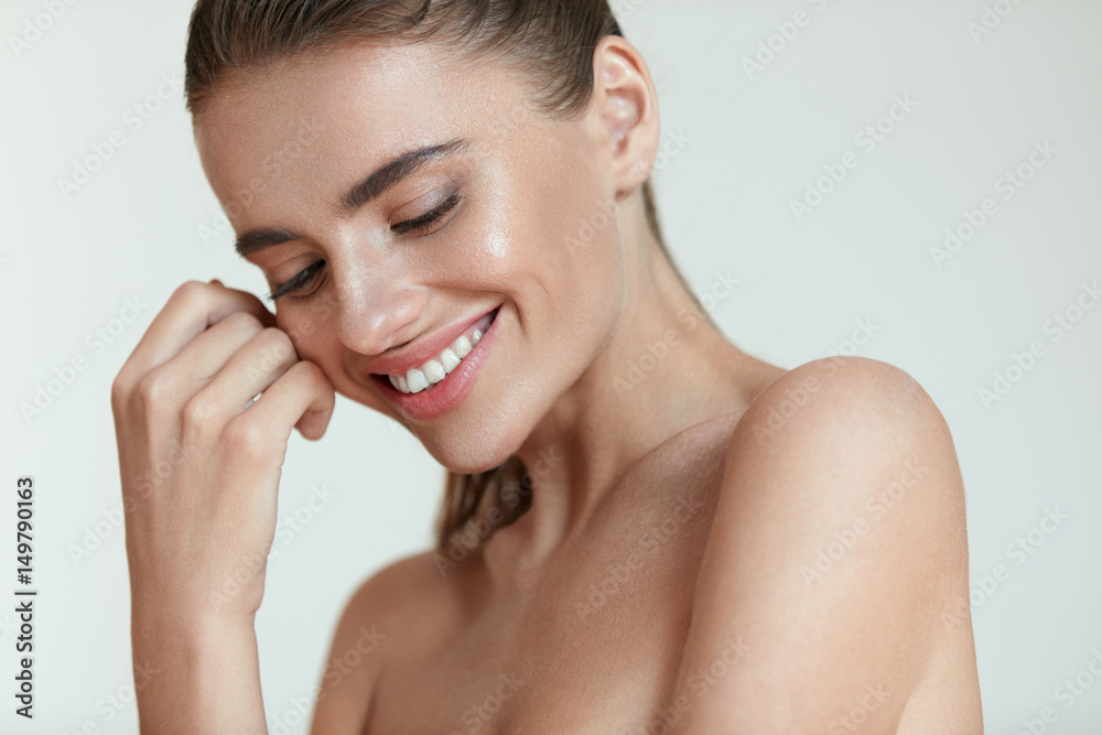 Beautiful Happy Woman With Fresh Makeup On Beauty Face. Skincare - obrazy, fototapety, plakaty 