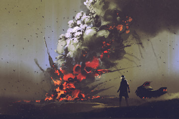 sci-fi scene of the man with his vehicle looking at bomb explosion on the ground, illustration paint