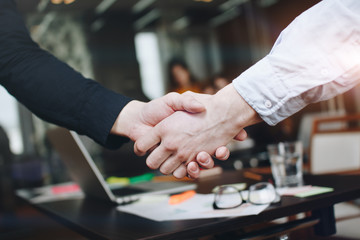 Man in black shirt handshakes man in white shirt after efficient business meeting