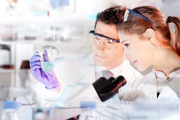 Poster - Chemical laboratory. Attractive young PhD student and her post doctoral supervisor scientist observing the blue indicator color shift after the solution  destillation.