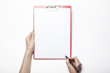 Woman Hand Hold A Clipboard Isolated White.