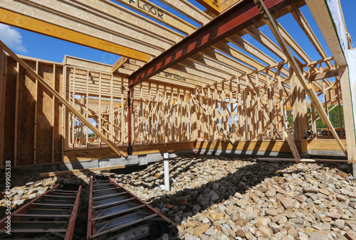 New House Construction Showing First Floor Framing And Garage Area