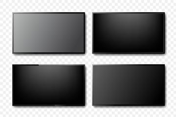 Realistic TV screen. Modern stylish lcd panel, led type. Large computer monitor display mockup. Blank television template. Graphic design element for catalog, web site, as mock up. Vector illustration