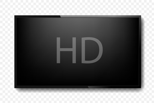 Realistic TV screen. Modern stylish lcd panel, led type. Large computer monitor display mockup. Blank television template. Graphic design element for catalog, web site, as mock up. Vector illustration