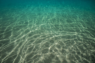 Wall Mural - underwater bottom with caustic on sand on background. tropical ocean water design abstract template