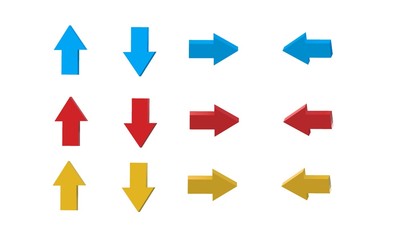 Poster - 3d arrow on white background, arrow symbol, 3d arrow sign, red blue and yellow arrow.