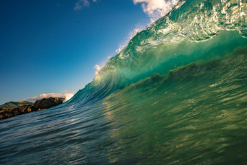 Wall Mural - ocean wave barreled. surfing sport activity in tropical water. blue and green colors on background.