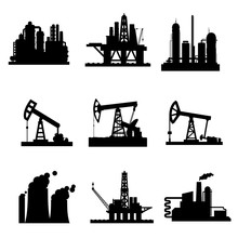 Vector Icons Of Oil Derricks And Gas Mining Plants