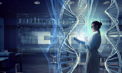Wall Mural - scientist woman doing research. mixed media