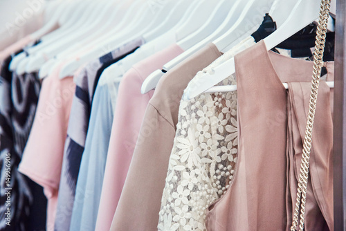 Fotomural Details of bright beautiful pastel tones dress collection in show room