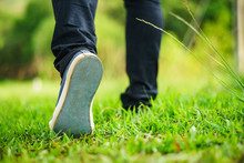 Sneaker Jeans Walking On Green Grass 