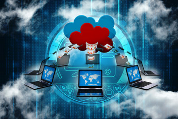 Poster - 3d rendering Cloud online storage icons with laptop
