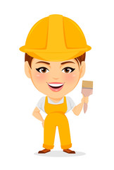 Canvas Print - Builder woman. Funny female worker with big head holding paintbrush. Humorous cartoon character painter. Vector illustration.