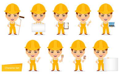 Poster - Builder woman. Funny female worker with big head. Set of humorous cartoon character. Vector illustration.