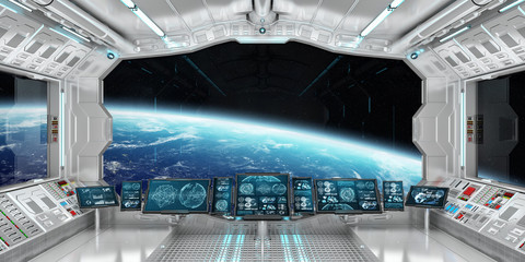 Poster - Spaceship interior with view on the planet Earth 3D rendering elements of this image furnished by NASA