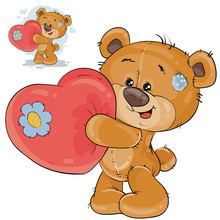 Vector Illustration Of A Teddy Bear Holding A Red Heart In His Paws, Confessing To Love. Print, Template, Design Element