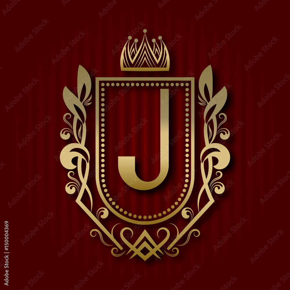 Golden royal coat of arms in medieval style. Vintage logo with J ...