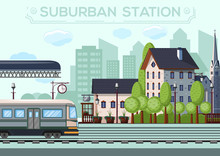 Suburban Station. City Life Design. Small Railway Station In A European City. Vector Illustration