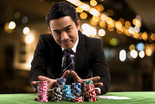 Portrait The Poker Player Used Hands Push Stack Chips Forward To Betting