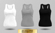 Vector illustration of fitness tank top for women. Realistic illustration sport wear. Realistic vector objects on transparent background. White, gray and black colors.