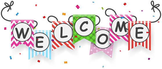 Welcome sign banner with bunting flags 