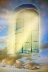 Wall Mural - mystical magic window with divine rays of light and mystic cloudy sky like a spiritual background wi