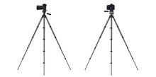 Realistic Full Frame Professional Photo Camera DSLR With Zoom Lens And Image Stabilizer On Tripod. Vector Illustration.