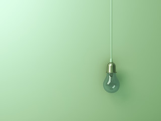 Poster - One hanging turn off incandescent light bulb on green wall background with blank space , creative idea concept. 3D rendering.
