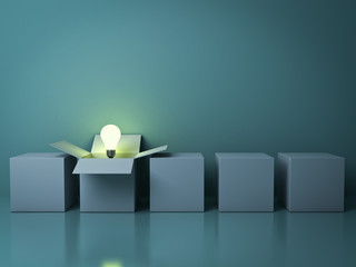 Fototapete - Stand out from the crowd different creative idea concepts , One white opened box with idea light bulb glowing among close square boxes on green background in the row with reflections . 3D rendering.