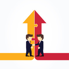 Two businessmen shaking hands on 2 arrows. Vector illustration.