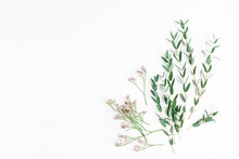 Flowers Composition. Pink Flowers And Eucalyptus Branches On White Background. Flat Lay, Top View