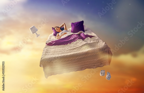 Fotografie, Obraz girl is flying in her bed