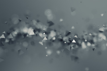 Poster - Abstract 3d rendering of chaotic low poly shapes. Flying polygonal pyramids in empty space. Futuristic background with bokeh effect. Poster design.