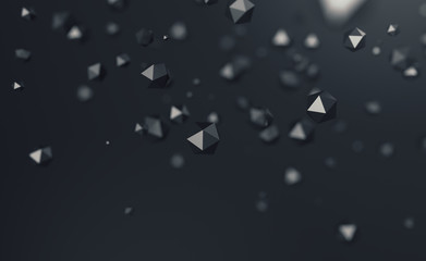 Poster - Abstract 3d rendering of chaotic low poly particles. Flying polygonal spheres in empty space. Futuristic background with bokeh effect. Poster design.